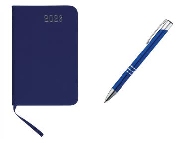 Taschenkalender 2023 / ca A7 / PU Einband / Farbe: blau + Metall Kugelschreiber