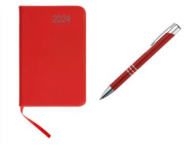 Taschenkalender 2024 / ca A7 / PU Einband / Farbe: rot + Metall Kugelschreiber