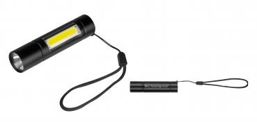 Taschenlampe mit Akku mit Gravur / mit seitlichen COB Licht / Farbe: schwarz