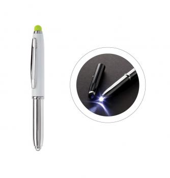 Touchpen Kugelschreiber / mit LED Licht / Farbe: silber/weiß mit grünen Stylus