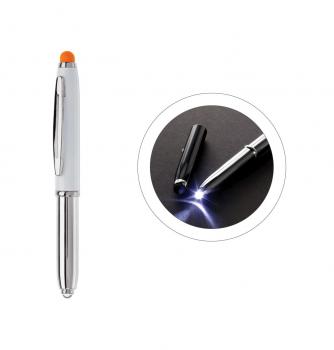 Touchpen Kugelschreiber / mit LED Licht / Farbe: silber/weiß mit orangen Stylus