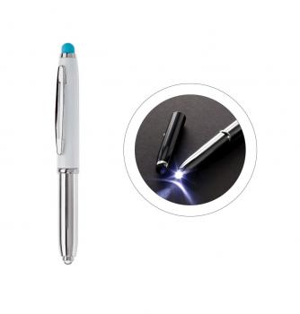 Touchpen Kugelschreiber / mit LED Licht / Farbe: silber/weiß mit türkisen Stylus