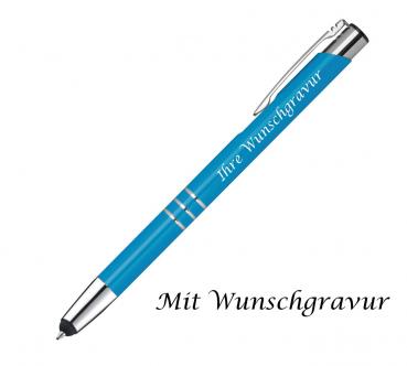 Touchpen Kugelschreiber aus Metall mit Gravur / Farbe: hellblau