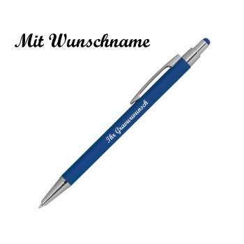 Touchpen Kugelschreiber aus Metall mit Namensgravur - gummiert - Farbe: blau