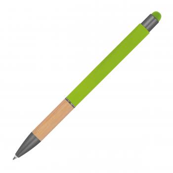 Touchpen Kugelschreiber mit Griffzone aus Bambus / Farbe: apfelgrün
