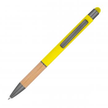 Touchpen Kugelschreiber mit Griffzone aus Bambus / Farbe: gelb