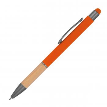 Touchpen Kugelschreiber mit Griffzone aus Bambus / Farbe: orange