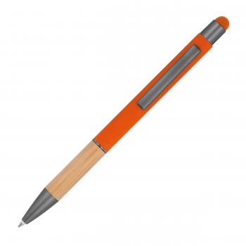 Touchpen Kugelschreiber mit Griffzone aus Bambus / Farbe: orange
