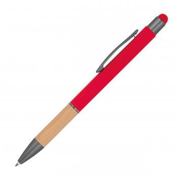 Touchpen Kugelschreiber mit Griffzone aus Bambus / Farbe: rot