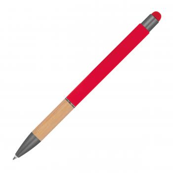Touchpen Kugelschreiber mit Griffzone aus Bambus / Farbe: rot