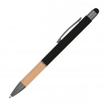 Touchpen Kugelschreiber mit Griffzone aus Bambus / Farbe: schwarz