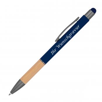 Touchpen Kugelschreiber mit Griffzone aus Bambus mit Gravur / Farbe: dunkelblau