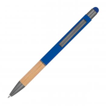 Touchpen Kugelschreiber mit Griffzone aus Bambus mit Namensgravur - blau