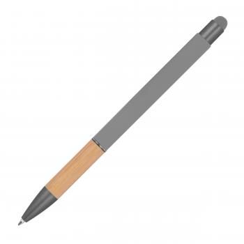 Touchpen Kugelschreiber mit Griffzone aus Bambus mit Namensgravur - grau