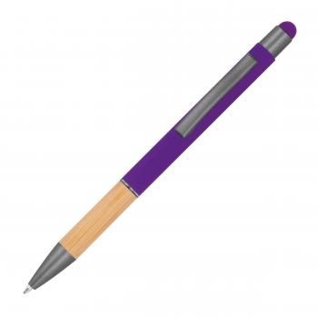 Touchpen Kugelschreiber mit Griffzone aus Bambus mit Namensgravur - lila