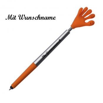 Touchpen Kugelschreiber mit Namensgravur - "Smile Hand" - Farbe: silber-orange