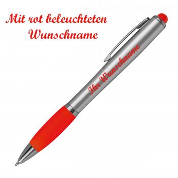 Touchpen Kugelschreiber mit Namensgravur im farbigen LED Licht - silber-rot