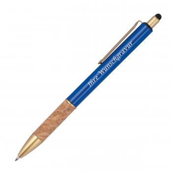 Touchpen Metall-Kugelschreiber mit Gravur / mit Korkgriffzone / Farbe: blau