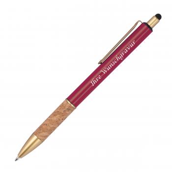 Touchpen Metall-Kugelschreiber mit Gravur / mit Korkgriffzone / Farbe: bordeaux