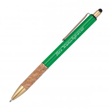 Touchpen Metall-Kugelschreiber mit Gravur / mit Korkgriffzone / Farbe: grün