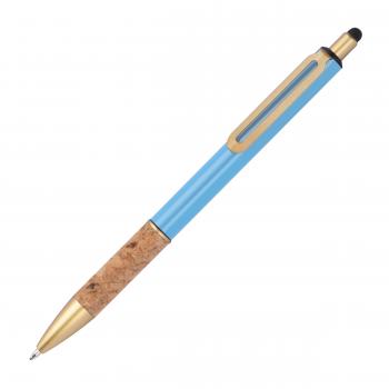 Touchpen Metall-Kugelschreiber mit Gravur / mit Korkgriffzone / Farbe: hellblau