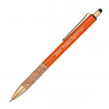 Touchpen Metall-Kugelschreiber mit Gravur / mit Korkgriffzone / Farbe: orange