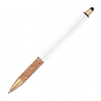 Touchpen Metall-Kugelschreiber mit Gravur / mit Korkgriffzone / Farbe: weiß