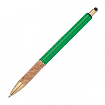 Touchpen Metall-Kugelschreiber mit Korkgriffzone / Farbe: grün