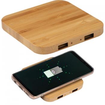 Wireless Charger / aus Bambus mit 2 USB-Hubs