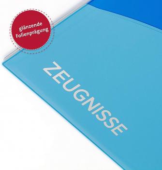 Zeugnismappe mit Namensgravur - wattiertes Cover - mit 12 Hüllen - Farbe: blau