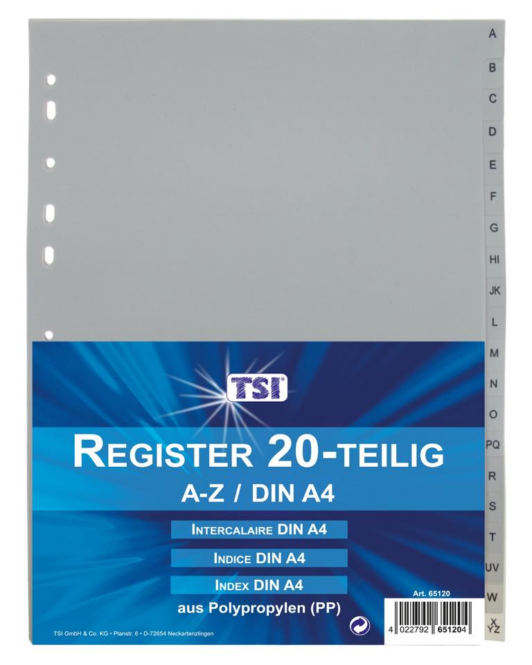 10x Ordnerregister A4 PP-Folie 20-teilig Grau mit Euro-Lochung register A-Z 
