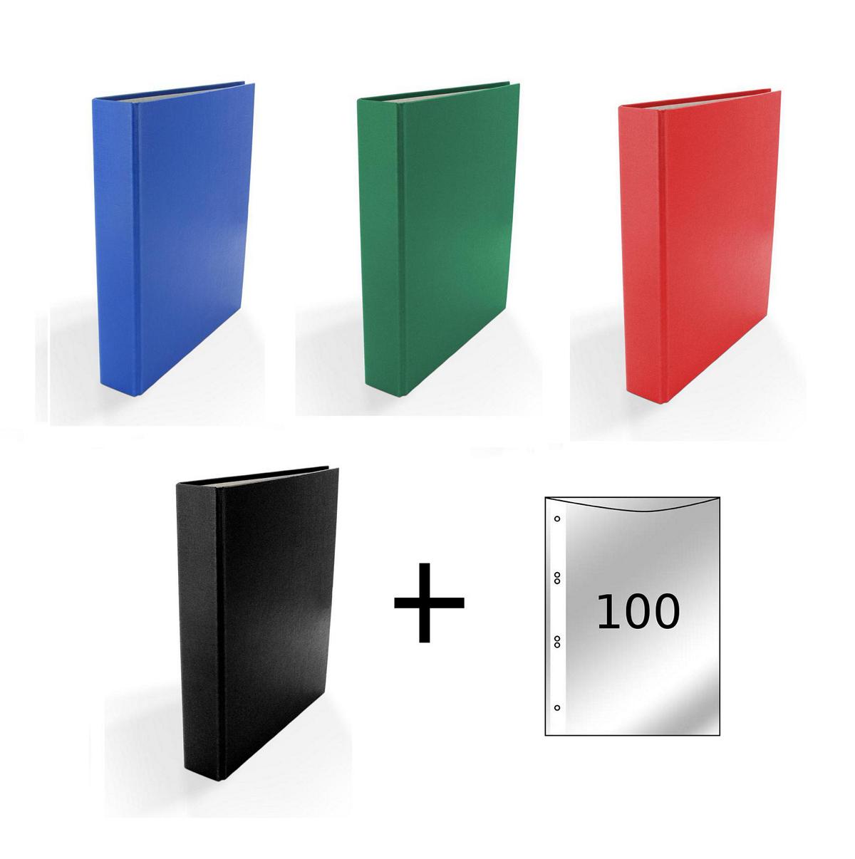 4x Ringbuch / DIN A5 / Farbe: rot 100 Prospekthüllen blau und schwarz grün 