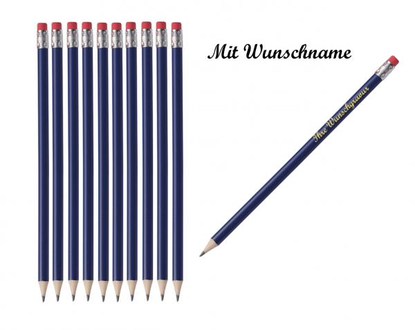 10 Bleistifte mit Radierer - HB / Farbe: lackiert blau - mit Namensgravur