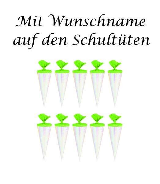 10 Deko Schultüten mit Gravur / Länge: 12cm / Farbe: rose' mit grünen Krepp
