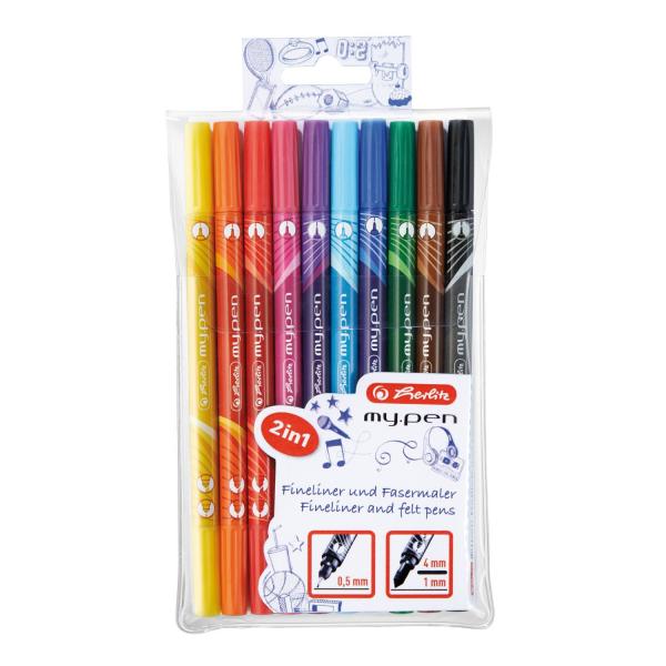 10 Herlitz Fineliner-Faserschreiber my.pen / 2 Spitzen / 10 verschiedene Farben