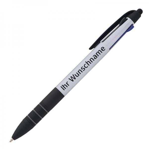 10 Kugelschreiber 4in1 mit Gravur / 3 Schreibfarben und Touchpen /Farbe:  silber