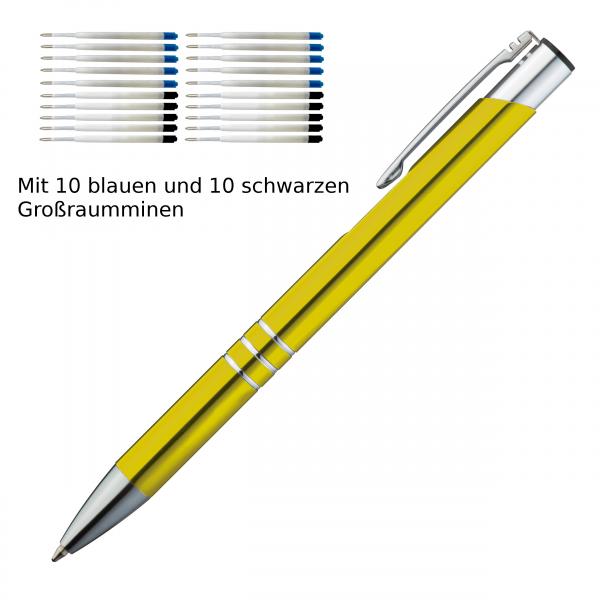 10 Kugelschreiber aus Metall / je 10 schwarze + blaue Minen / Farbe: gelb