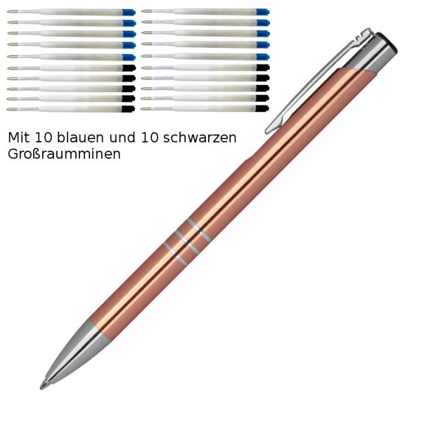 10 Kugelschreiber aus Metall / je 10 schwarze + blaue Minen / Farbe: roségold