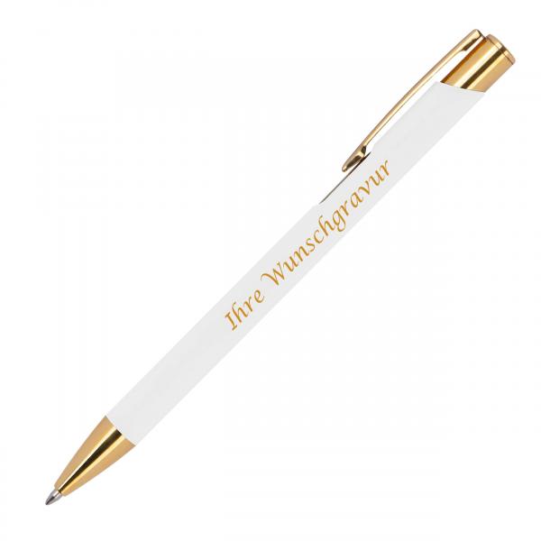 10 Kugelschreiber aus Metall mit Gravur / goldene Applikationen / Farbe: weiß