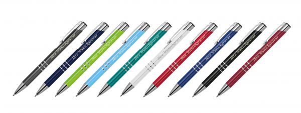 10 Kugelschreiber aus Metall mit Gravur / vollfarbig lackiert / 10 Farben (matt)