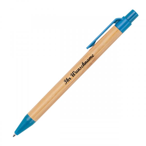 10 Kugelschreiber aus Weizenstroh und Bambus mit Namensgravur - Farbe: blau