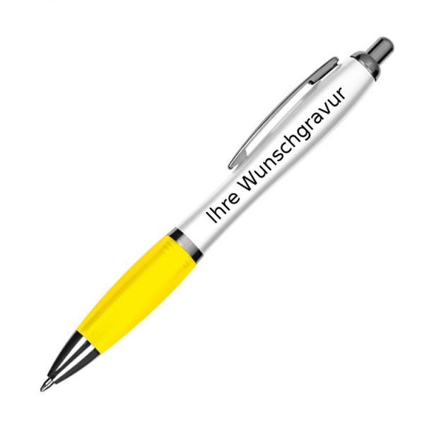 10 Kugelschreiber mit Gravur / aus Kunststoff / Farbe: weiß-gelb