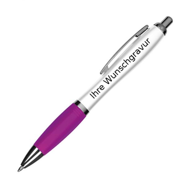 10 Kugelschreiber mit Gravur / aus Kunststoff / Farbe: weiß-lila