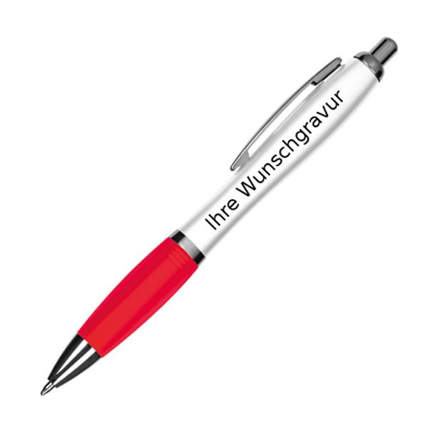 10 Kugelschreiber mit Gravur / aus Kunststoff / Farbe: weiß-rot