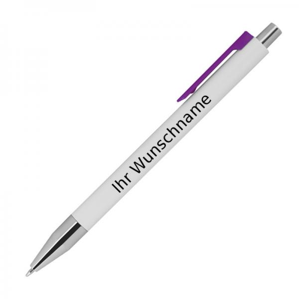 10 Kugelschreiber mit Gravur / Farbe: weiß mit lila Clip
