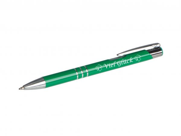 10 Kugelschreiber mit Gravur "Viel Glück" / aus Metall / Farbe: mittelgrün