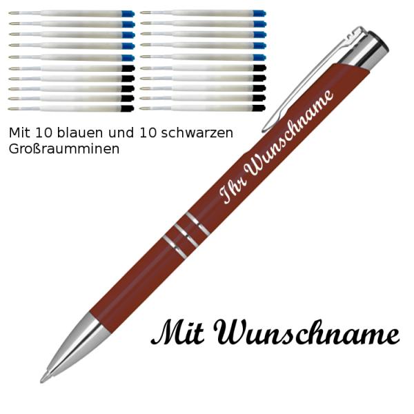 10 Kugelschreiber mit Namensgravur / je 10 schwarze + blaue Minen / bordeaux