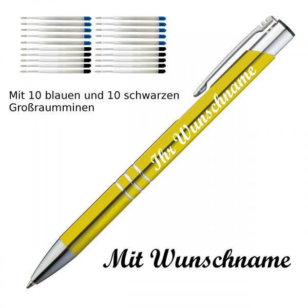 10 Kugelschreiber mit Namensgravur / je 10 schwarze + blaue Minen / gelb