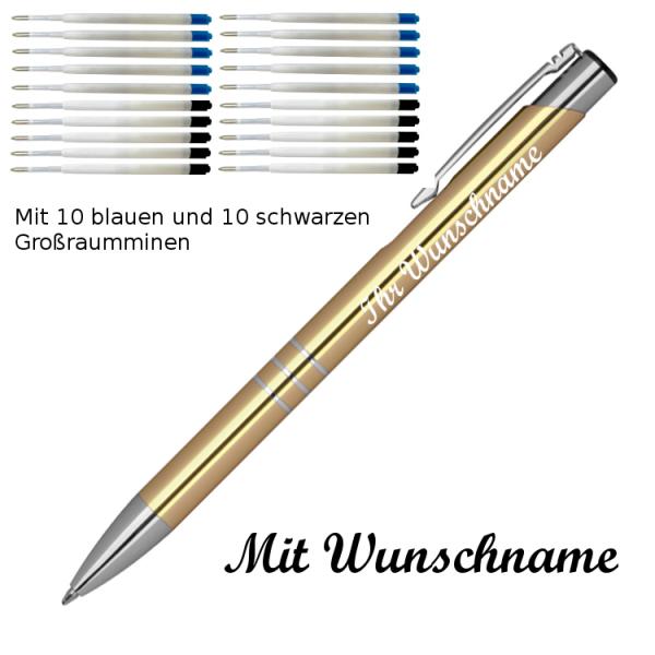 10 Kugelschreiber mit Namensgravur / je 10 schwarze + blaue Minen / gold