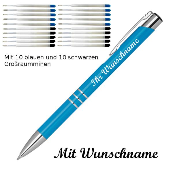 10 Kugelschreiber mit Namensgravur / je 10 schwarze + blaue Minen / hellblau